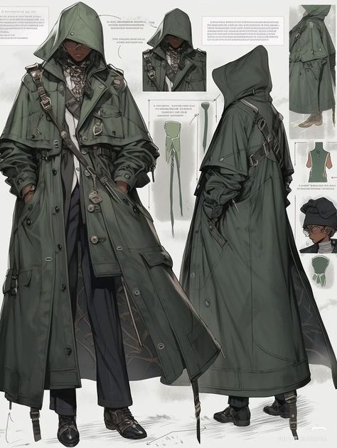 Fantasy Travel Outfit Art, Trench Coat Character Design, Cloaked Man Art, Cloak Character Design, Dnd Outfits Inspiration Male, Cloaked Character Design, Cloaked Character, Outfit Ideas Art Reference, Fantasy Clothing Design