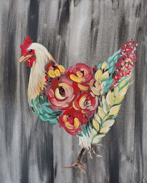 Floral Chicken Painting, Floral Chicken, Rooster Painting, Chicken Painting, Farm Art, Chicken Art, Hur Man Målar, Paint And Sip, Flower Art Painting