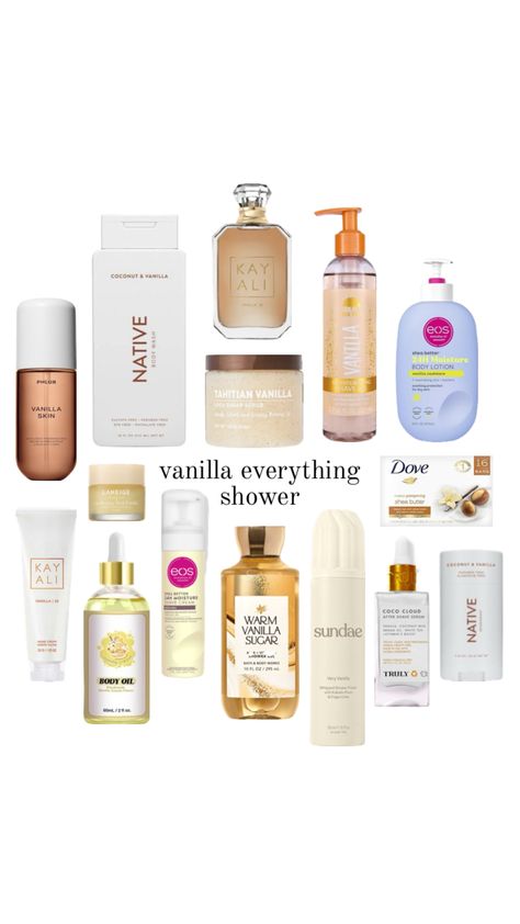 vanilla everything shower Vanilla Shower Routine, Healthy Hair Routine, Shower Products, Sephora Skin Care, Fragrances Perfume Woman, Body Hygiene, Vanilla Perfume, Bath And Body Works Perfume, Shower Skin Care