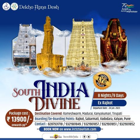 "Get your hands on our South India Divine package,curated exclusively for you! The package, full of spirituality and mystique costs ₹ 13900/- onwards pp* Check out more https://bit.ly/3Vm0YGD" #AzadiKiRail #dekhoapnadesh #incredibleindia #india #Travel #Traveling #TravelLife #TravelDiaries #LovetoTravel #Travelmore #Explore #Explorer #TravelIndia #PlacesofIndia #travelpackage #Adventure #Trip #Travelgram #Traveller #IndiaTourism #Vacation #irctctourism #holiday #tour #traveltheworld #traveler South India Tour, Kanyakumari, Adventure Trip, Train Tour, India Tour, Madurai, Travel Packages, South India, Travel Tours