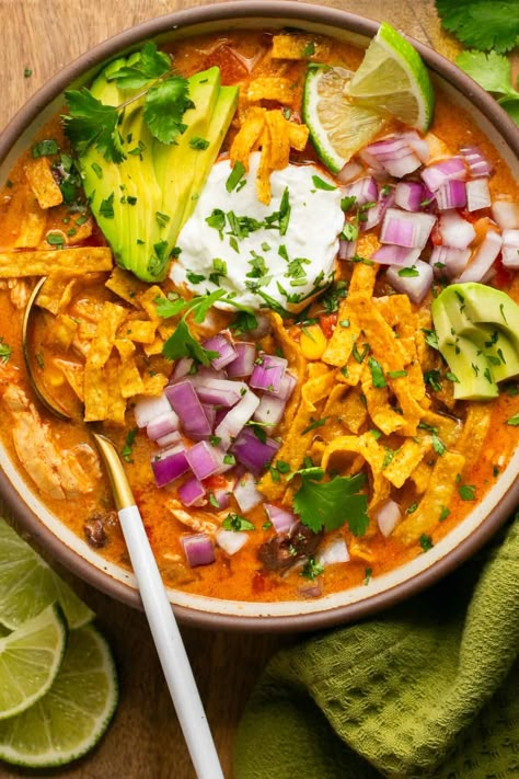 Creamy High Protein Chicken Enchilada Soup - Oh Snap Macros Oh Snap Macros, Creamy Chicken Enchilada Soup, High Protein Chicken, Protein Soups, Creamy Chicken Enchiladas, Raw Chicken Breast, Macro Friendly Recipes, Chicken Enchilada Soup, Sample Meal Plan