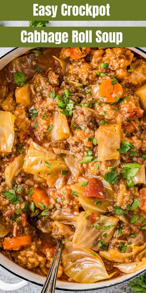 It’s a hug in a bowl! This easy Crockpot Cabbage Roll Soup is packed with nutrition and flavor, and all the coziness of homemade cabbage rolls—with only a fraction of the work. Healthy veggies, savory ground beef, and plenty of bacon make it a hearty, homespun meal the whole family will love! Crockpot Cabbage Roll Soup, Slow Cooker Cabbage Rolls, Meat Soup, Cabbage Soup Diet Recipe, Ground Beef And Cabbage, Baked Cabbage, Cabbage Roll Soup, Comfort Soup Recipes, Cabbage Roll