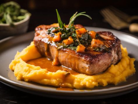 Sweet Potato Puree, Smothered Pork, Mash Recipe, Smothered Pork Chops, Potato Puree, Boneless Pork Chops, Im Hungry, Spice Rub, Mashed Sweet Potatoes