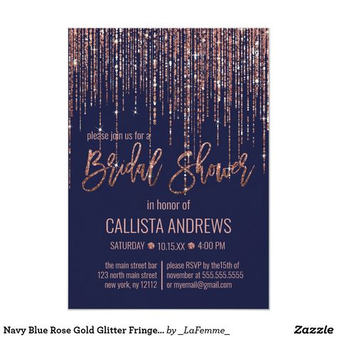 Navy Blue Rose Gold Glitter Fringe Bridal Shower Invitation Black And Gold Invitations, Chic Invitation, Sweet Sixteen Invitations, Curtain Fringe, Bachelorette Invitations, Sweet Sixteen Birthday, Sweet 16 Invitations, Bachelorette Party Invitations, Quinceanera Invitations