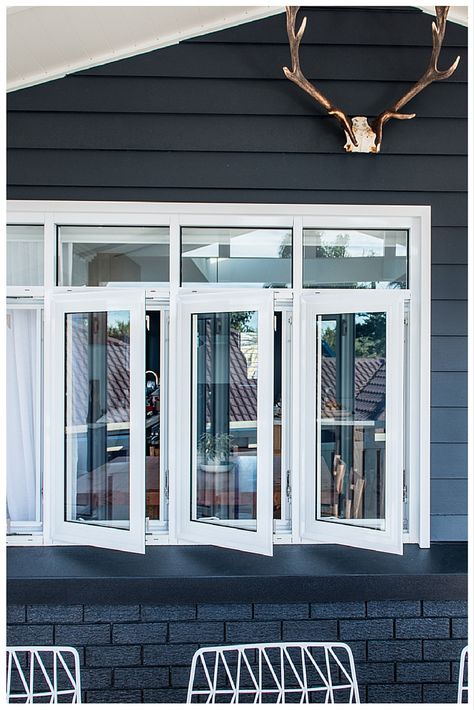 Wideline Casement windows in white. www.wideline.com.au Casement Windows Exterior, Window Shutters Exterior, Glass Porch, Tilt And Turn Windows, House Window Design, Porch Windows, Upvc Windows, House Window, Windows Exterior