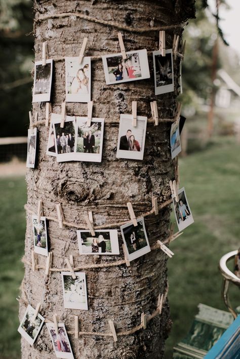 Tree Photo Display, Tree With Photos Hanging, Photo Tree Wedding, Wedding Photo Station Ideas, Polaroid Wedding Decor, Polaroid Booth Wedding, Unique Wedding Photo Booth Ideas, Wedding Polaroid Ideas, Budget Wedding Ideas Decoration