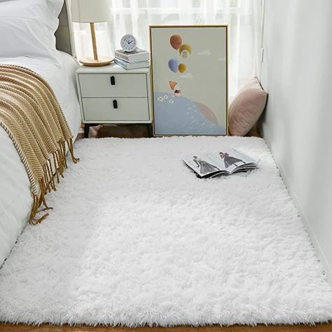 Rugs for Bedroom Fluffy, Fuzzy Shag Plush Soft Shaggy Bedside Area Rug, Indoor Floor Living Room Carpet for Girls Kids Baby Teen Dorm Home Decor Aesthetic. #rugs#homedecoraesthetics White Fluffy Rug, Ivory Living Room, Minimalist Dorm, Area Rugs For Bedroom, Fuzzy Rug, Carpets For Kids, Home Decor Aesthetic, Rugs For Bedroom, White Carpet