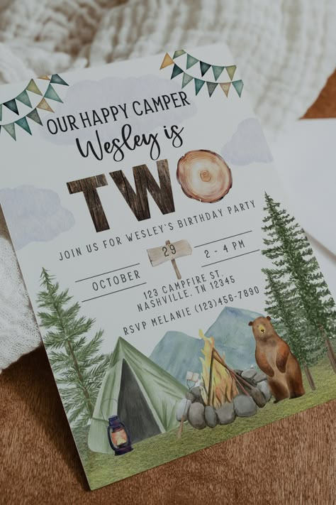 One Happy Camper Birthday Invitations, Second Birthday Camping Theme, Camp Birthday Invitation, Camper Party Theme, Camping Second Birthday Party, Camping 2nd Birthday Party, Two Year Old Camping Birthday, 2nd Birthday Camping Theme, Birthday Camping Ideas