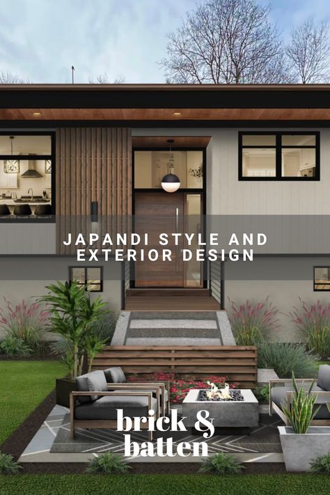 Japandi Exterior House Colors, Modern Japandi Exterior Design, Exterior Japandi House, Japandi Exterior Design House, Japandi Style House Exterior, Japandi Style Exterior, Japandi Front Porch, Zen Exterior House, Japandi Architecture Exterior