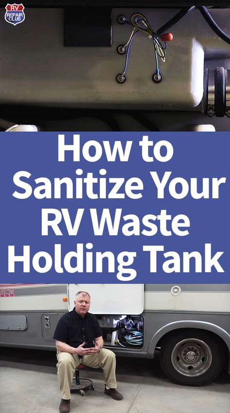 Over time the RV waste holding tank can begin to smell. This is caused by a build-up of bacteria and other waste products left in the tank after dumping. Even if you properly dump your RV waste holding tanks and use the appropriate cleaning chemicals in the tanks, it is still important to take the time to thoroughly clean and sanitize the grey and black water tanks. It is a good idea to do this every now and then, especially before putting the RV in storage. Camper Maintenance, Rv Camping Tips, Rv Water, Rv Repair, Rv Maintenance, Travel Trailer Camping, Camping Products, Trailer Life, Trailer Camping