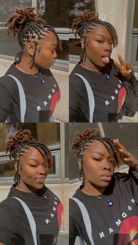 Loc Styles With Bangs For Women, Loc Hairstyles With Bangs, Short Loc Ponytail, Loc Pineapple Ponytail, Short Locs With Bangs, Short Loc Ponytail Styles, Short Locs Hairstyles Updo, Loc Cornrows, Loc Pineapple