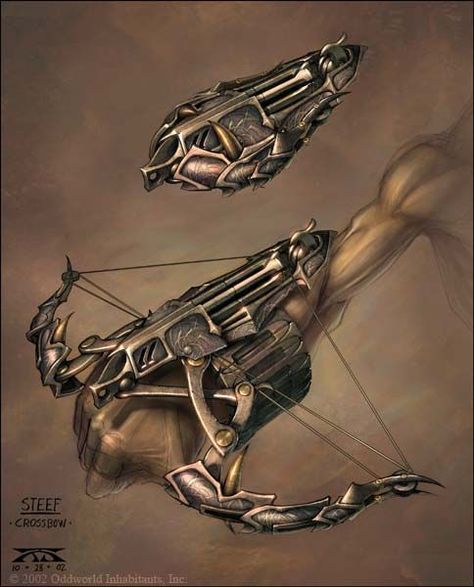 Things - Album on Imgur Cross Bow Fantasy, Bow Art Design, Arm Crossbow, Wrist Crossbow, Bow Fantasy, Bow And Arrow Design, Hand Crossbow, Oddworld Inhabitants, Raymond Swanland