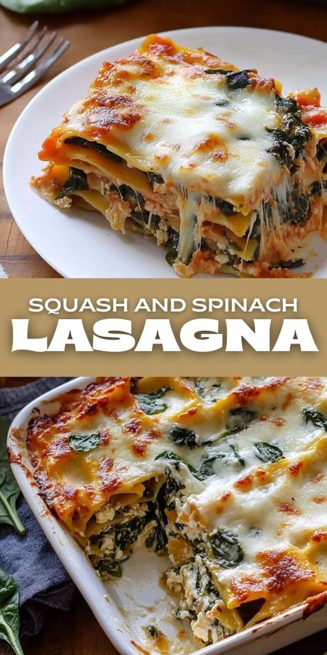 Enjoy a hearty and healthy twist on an Italian classic with this Squash and Spinach Lasagna! 🍂🥬 Layers of creamy squash, fresh spinach, and cheesy goodness make this vegetarian lasagna perfect for weeknight dinners or a cozy weekend meal. Packed with nutrients and flavor, it's a great way to sneak in more veggies while indulging in comfort food! 👉 Save this Pin and make your next lasagna extra special! #VegetarianLasagna #SquashAndSpinach #HealthyLasagna #ComfortFood #EasyDinnerIdeas Butternut Squash Dinner Recipes Vegetarian, Roasted Butternut Squash And Spinach Lasagna, Creamy Veggie Lasagna, Spaghetti Squash Lasagna Recipes, Butternut Squash Spinach Lasagna, Pumpkin Spinach Lasagna, Cozy Vegetarian Dinner, Mediterranean Lasagna Recipe, Lasagna With Spinach And Meat