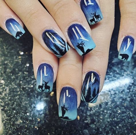 Wildlife Nail Art, Alaska Nail Art, Outdoor Nail Designs, Fishing Nails Designs, Alaska Nails Designs, Deer Nail Designs, Wildlife Nails, Alaska Nails, Hunting Nails