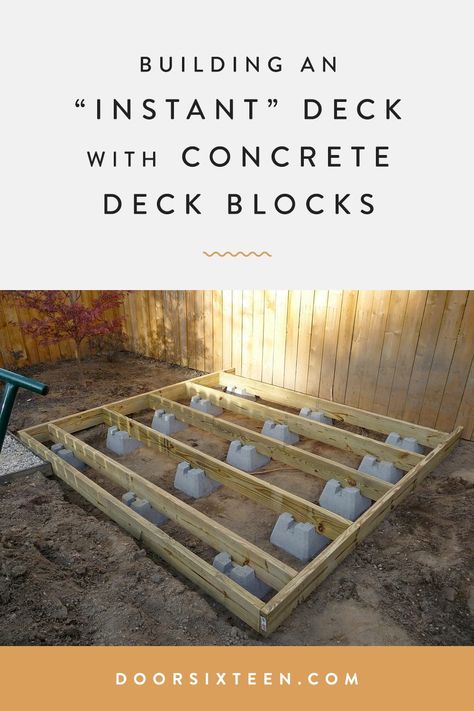 Build an "instant" floating deck using concrete deck blocks! The deck block pier system takes the hardest part out of building a deck. Instant Deck, Pallet Decks, Floating Decks, Concrete Deck Blocks, Deck Door, Deck Blocks, Rv Deck, Building A Floating Deck, Concrete Deck