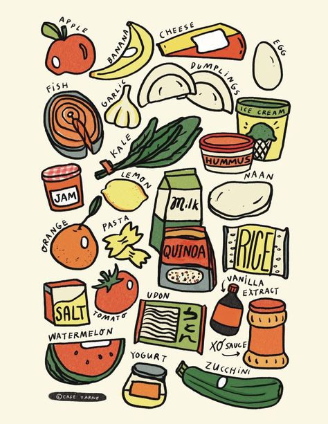 Illustrated poster featuring 26 common grocery store items. Hand drawn. Kitchen Art Prints Free Printables, Abc Wall Art, Grocery Store Items, Abc Wall, Illustrated Poster, Grocery Store Design, Food Wall Art, Apples And Cheese, Abc Poster