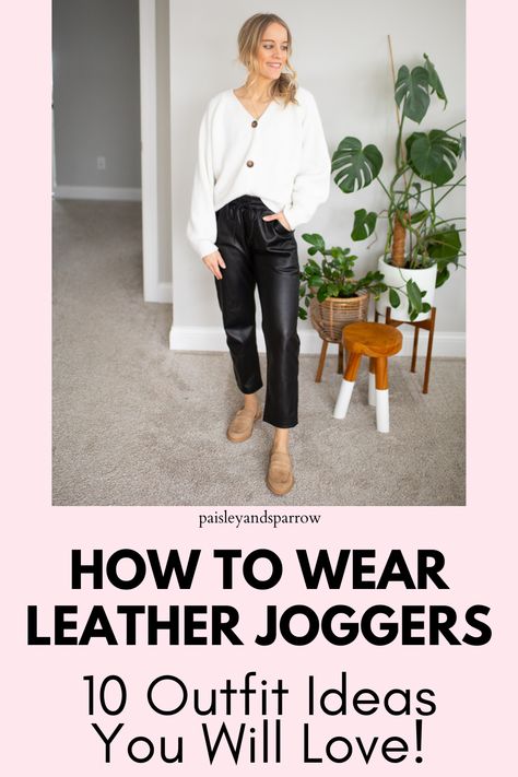 Outfit ideas for faux leather joggers! Wear these cute leather pants with a variety of tops to make amazing outfits. Shoes, tops, and more. Tan Faux Leather Joggers Outfit, Leather Drawstring Pants Outfit, What To Wear With Faux Leather Joggers, How To Style Faux Leather Joggers, Leather Pants Outfit Casual Sneakers, Jogger Leather Pants Outfit, Womens Joggers Outfit Dressy, Leather Cropped Pants Outfit, How To Style Leather Joggers