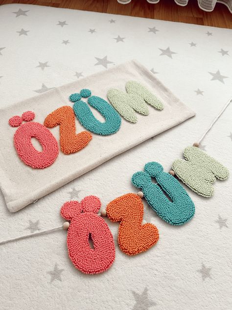 Handmade felt banner and pillow case for your baby Punch Needle Alphabet, Punch Needle Letters, Nursery Punch Needle, Punch Needle Pillow Kids, Punch Needle Baby Name Pillow, Felt Banner, Punch Needle Patterns, Pola Sulam, Punch Needle Embroidery