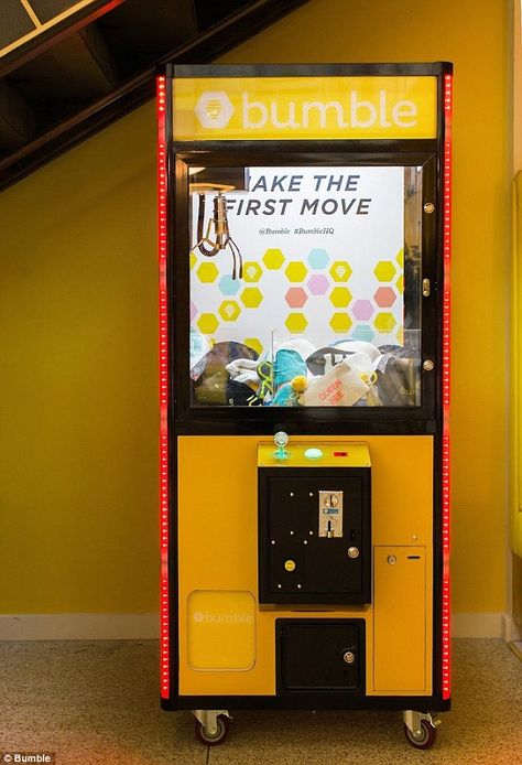 Fun and games: Bumble's office space even comes equipped with its own claw machine that is full of fun prizes for employees to win Vending Machine Design, Claw Game, Claw Machine, Fun And Games, The Claw, Vending Machine, Experiential, The Space, Arcade Games