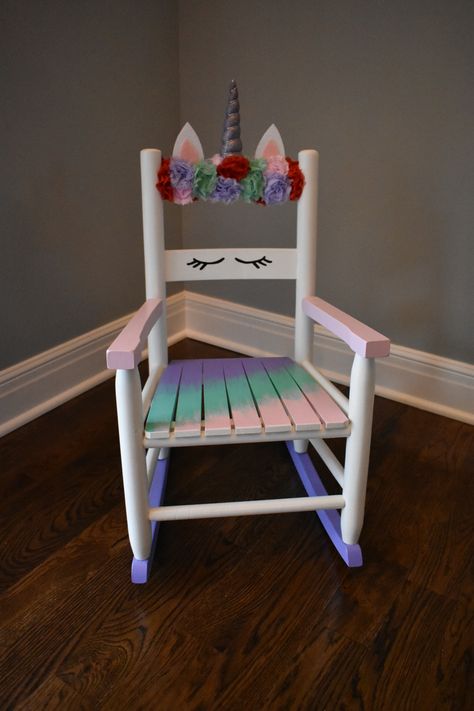 Unicorn chair number two, #poppymayscreations Rainbow Kids Furniture, Unicorn Room Ideas, Unicorn Chair Decorations, Unicorn Bedroom Ideas, Unicorn Theme Bedroom, Unicorn Furniture, Unicorn Chair, Unicorn Toddler Room Walmart, Unicorn Kids Room