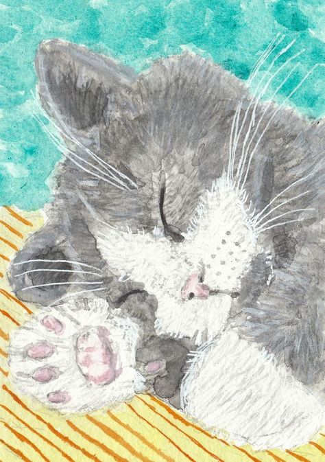 Gray  and  white kitten  cat  double  ACEO 3.5 by 5 watercolor original painting #Traditional Gray And White Kitten, Tuxedo Cat Art, Grey And White Kitten, Grey And White Cat, Cat Watercolor, Bengal Kitten, White Kitten, What Cat, Grey Cat