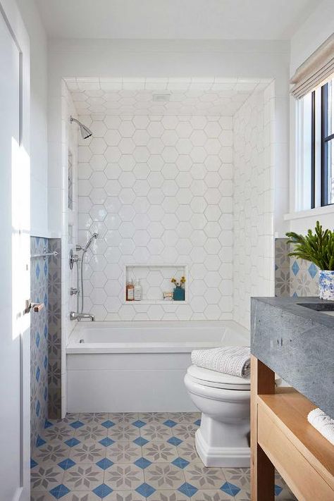 Planked Bathtub with White Hexagon Shower Wall Tiles - Transitional - Bathroom Hexagon Shower Wall, Hexagon Shower Wall Tile, Hexagon Shower Tile, Tiled Niche, Marble Shower Walls, Transitional Bathroom Design, White Herringbone Tile, White Hexagon Tiles, Drop In Bathtub