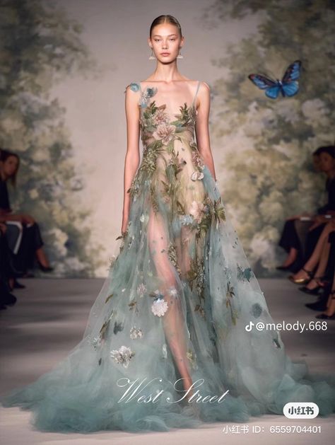 Ethereal Ball Gown Aesthetic, Sheer Fantasy Dress, Fairy Haute Couture, Fairy Tale Fashion Runway, Extravagant Floral Dresses, Extravagant Flower Dress, Water Inspired Wedding Dress, Fairy Core Gown, Water Like Dress