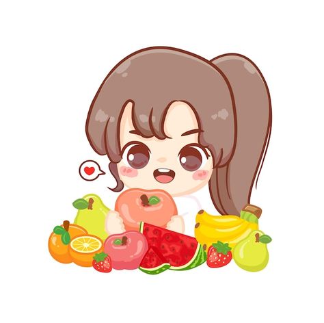 Vector happy cute kid girl eat healthy f... | Premium Vector #Freepik #vector #cute-fruit #girl-eat #kids-eat #eating-apple Kawaii Healthy Food, Food Kawaii, Fruits Drawing, Fruit Vector, Food Cartoon, Healthy Fruit, Fruit Food, Healthy Eating For Kids, Kawaii Cartoon