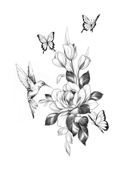 Floral Sleeve With Hummingbird, Hummingbird Flower Tattoo Design, Humming Bird And Butterfly Tattoo, Hummingbird Hip Tattoo, Bird And Butterfly Tattoo, Hummingbird And Butterfly Tattoo, Hummingbird Tattoos For Women, Hummingbird Tattoo Design, Hummingbird Tattoo With Flowers