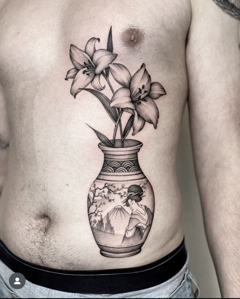 Abstract Vase Tattoo, Glass Vase Tattoo, Japanese Vase Tattoo, Vase Tattoos, Vase Tattoo Design, Body Collage, Vase Tattoo, Buddha Tattoo Design, Black Art Tattoo