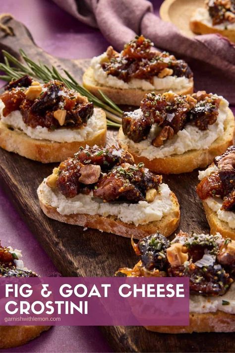 🎄 Get your holiday party started with this easy and delicious Fig & Goat Cheese Crostini recipe! 🧀🍞🍯 Perfect for small gatherings or big family dinners. Creamy goat cheese, sweet figs, fragrant rosemary and crunchy walnuts - a flavor explosion in every bite! 😋 #HolidayAppetizer Fig And Goat Cheese Bruschetta, Goat Cheese Baguette Appetizer, Fig Goat Cheese Appetizer, Fig And Goat Cheese Appetizer, Fig Recipes Appetizers, Crostini Board, Fig Recipes Healthy, Recipes With Figs, Fig Crostini