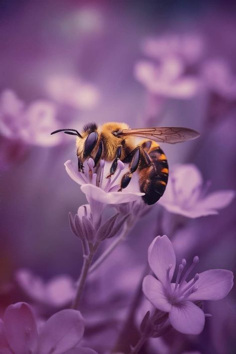 Honey Lavender Aesthetic, Honey And Lavender Aesthetic, Yellow Bee Aesthetic Wallpaper, Lavender And Bees Art, Bees On Flowers Photography, Lavender Aesthetic, Bumble Bee, Bee, Animals