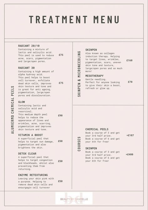 Esthetician Menu Ideas, Service Menu Esthetician, Medspa Aesthetic Room, Medspa Marketing Ideas, Facial Menu Ideas, Esthetician Business Cards Ideas, Esthetician Service Menu Ideas, Facial Menu Of Services, Facialist Aesthetic