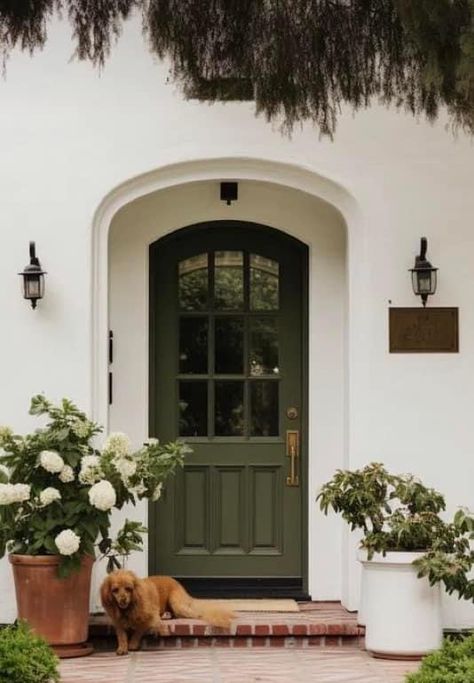 Green Front Door Brown House, Portico Over Front Door, Colored Entryway Door, Front Door Townhouse, Dark Sage Green Front Door, Narrow Front Door Entry Exterior Decor, White Brick House Green Door, Cream House Green Shutters, Green House Exteriors