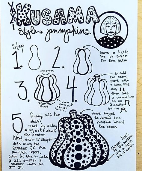 Sarah Grosh on Instagram: "I drew a new handout to help 3rd graders work on their #yayoikusama pumpkin drawings independently. I've started to really get into drawing my own drawing handouts and worksheets and the kids like them more knowing I made them for them :-) I'm considering making a Teachers Pay Teachers store. Other art teachers, do you have any suggestions to improve this? #arteducator #elementaryart #elementaryartteacher #3rdgrade #artclass #howtodraw #pumpkindrawing" Art For 3rd Grade, Art For Homeschoolers, Pumpkin Art Lessons Elementary, Drawing Techniques For Kids, Art Teacher Worksheets, 3rd Grade Art Lessons Ideas, Pumpkin Art 2nd Grade, Halloween Art High School, Art Lesson Plans For Elementary Free Printable