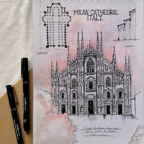 Milan Cathedral Sketch, Milan Cathedral Drawing, Gothic Architecture Drawing Sketch, Gothic Architecture Sketch, Gothic Architecture Drawing, Architecture Gothic, Book Drawings, Sketch Architecture, Architecture Sketches