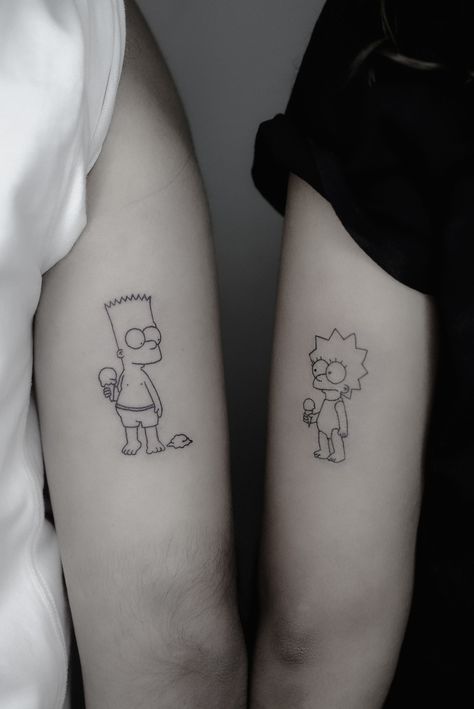 Matching Simpsons Tattoos, Bart And Lisa Tattoo, Bart And Lisa Simpson, Wedding Band Tattoo, Simpsons Tattoo, Best Couple Tattoos, Cute Couple Tattoos, Small Couple Tattoos, Couples Tattoo Designs