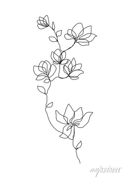 One line drawing vector flower. floral modern single line art, on prints from myloview. The best quality posters, , canvas prints, murals, stickers. Do you want to decorate your home? Only with myloview! One Line Floral Drawing, Greenery Line Art, Artline Tattoo Ideas, Flower Single Line Drawing, Single Line Art Flower, Continuous Line Flower Drawing, One Line Flower Art, Single Line Embroidery, Flower Art Line