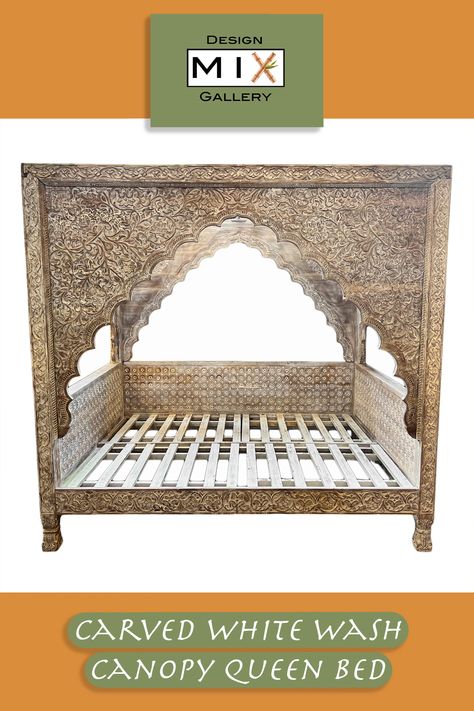 Carved lotus teak wood queen size canopy daybed / bed frame with white washed finish from India. Shop this and more on our website (tap pin or click link on pin) or at our LA showrooms. ✨ #interior #interiors #interiordesign #interiordesigner #interiorinspiration #decor #homeaccents #homeinterior #homestyling #homeaccessories #homedecor #interiorstyling #vogueliving #adstyle #archdigest #luxuryliving #spring #summer #daybed #canopybed #bedframe #bohobed #teakbed Canopy Daybed, Queen Daybed, Carved Bed, Carved Beds, Door Bed, Curved Bed, Daybed Canopy, Indian Room, Daybed Bedding