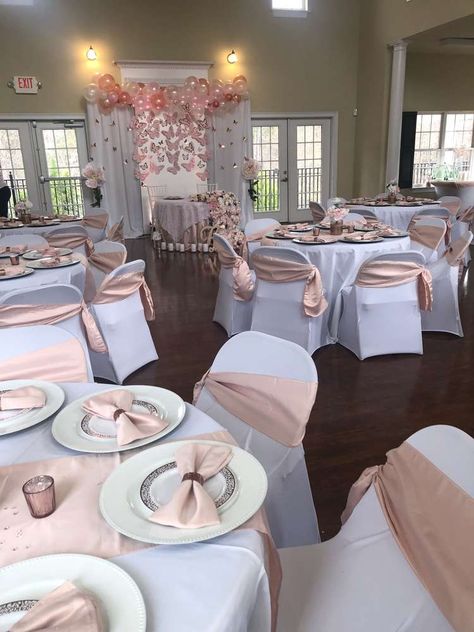 Blush Pink , Rose Gold, and Butterflies Baby Shower | CatchMyParty.com Blush Pink Baby Shower Ideas, Pink Baby Shower Ideas, Butterfly Quinceanera Theme, Pink Quince Theme, Rose Gold Quinceanera, Quince Decor, Quince Themes, Blush Pink Baby Shower, Quinceanera Pink