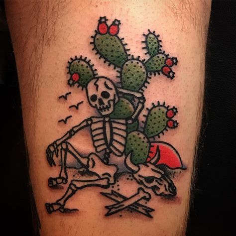 Meaningful Mexican Tattoo, American Traditional Skeleton Tattoo, Traditional Native Tattoo, American Traditional Cactus Tattoo, Weird American Traditional Tattoo, Country Inspired Tattoos, Pokemon Traditional Tattoo, American Traditional Skeleton, Western Traditional Tattoo