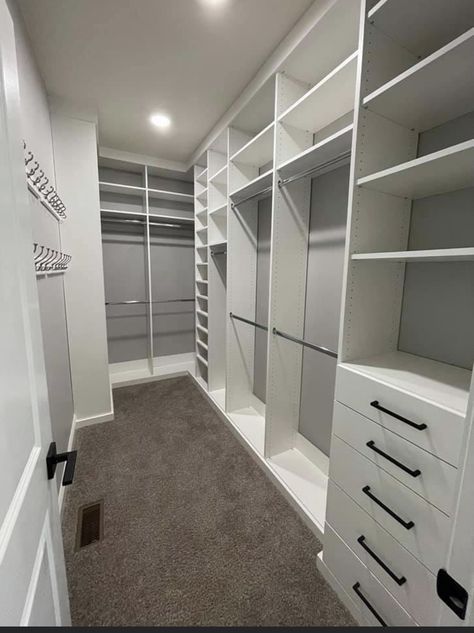 Grey And White Walk In Closet, Tall Closet Ideas, Long Narrow Closet, Small Walkin Closet, Narrow Closet Design, Walkin Closets Design, Small Closet Design, Master Closet Design, Room Wishlist