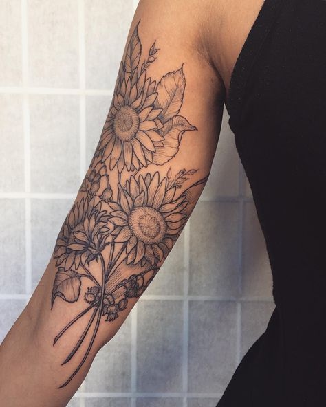 Thank you, Kiara!! Sunflowers and Lily of the valley ! 🌻🌾 Edgy Tattoo, Botanisches Tattoo, Sunflower Tattoo Thigh, Sunflower Tattoo Simple, Sunflower Tattoo Sleeve, Sunflower Tattoo Shoulder, Feminine Tattoo Sleeves, Marquesan Tattoos, Tattoo Sleeves