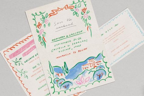 Custom Illustrated Wedding Invitations, Watercolour Wedding, Illustrated Wedding Invitations, 강아지 그림, Invitation Fonts, Hand Painted Wedding, 카드 디자인, Invitation Text, Stationery Inspiration