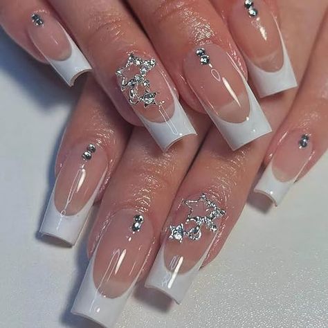 24Pcs White French Tip Press on Nails Long Square Fake Nails Silver Rhinestones Glitter Full Cover Stick on Nails Artificial Coffin False Nails with Star Nail Charms Designs for Women Acrylic Nails White Nails With Bear Charm, White French Tip With Cross Charm, White Nails With Cross Charm, Women Acrylic Nails, White Nails With Butterfly Charm, White French Tip Nails With Butterfly Charm, Nails Long Square, Plaid Nail Designs, French Tip Press On Nails