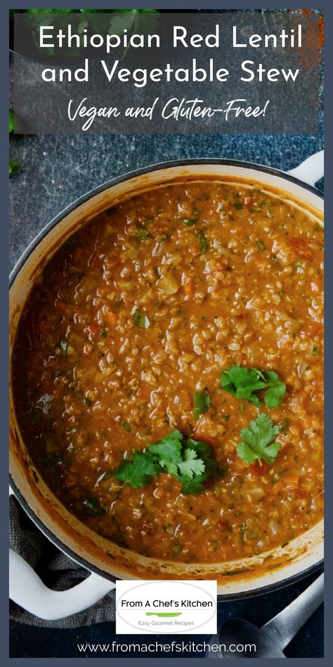 One spoonful of this flavor-packed berbere-spiced stew will have you hooked! Vegan Ethiopian Red Lentil and Vegetable Stew is hearty yet loaded with healthful goodness and comes together in a little over an hour!