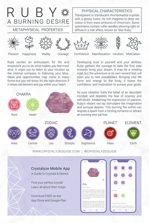 Enhance Your Crystal Practice 📲 𝐃𝐨𝐰𝐧𝐥𝐨𝐚𝐝 𝐨𝐮𝐫 𝐅𝐑𝐄𝐄 𝐂𝐫𝐲𝐬𝐭𝐚𝐥𝐲𝐳𝐞 𝐀𝐩𝐩 on the App Store & Google Play. #Ruby #Crystals #HealingCrystals Ruby Stone Meaning, Ruby Meaning, Listen To Your Intuition, Burning Desire, Crystal Guide, Crystal Properties, Orgone Energy, Crystals Healing Properties, Spiritual Crystals