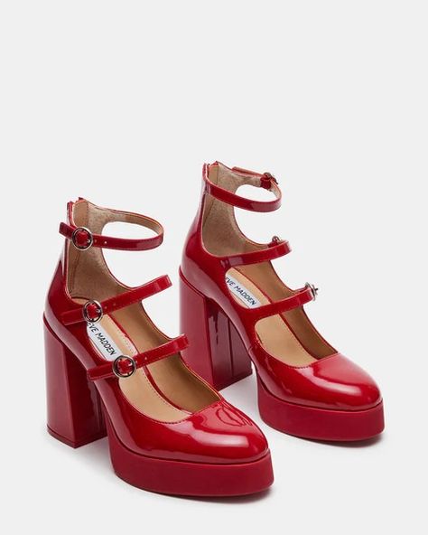 QUAD Red Patent Strappy Platform Mary Janes | Women's Heels – Steve Madden Mary Jane Shoes Outfit, Red Platform, Platform Block Heels, Platform Mary Janes, Block Heel Shoes, Karate Kid, Mary Jane Pumps, Red Heels, Women's Heels