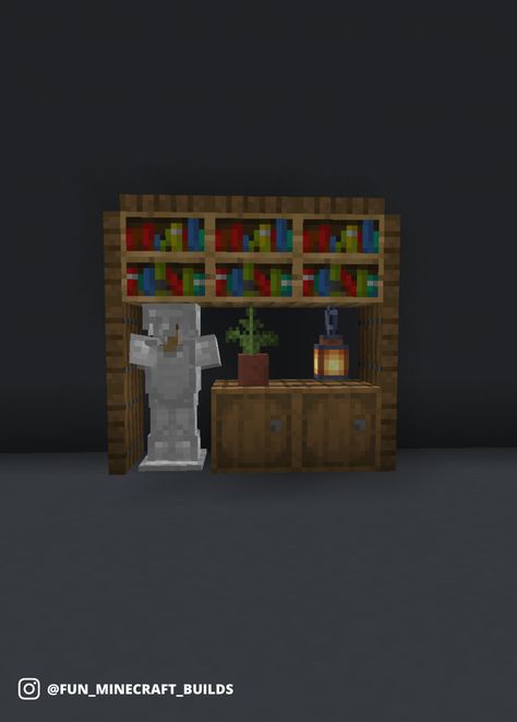 Simple armor stand decoration idea that is library themed for Minecraft Armour Shop Minecraft, Armor Stand Minecraft Ideas, Armour Stand Minecraft Design, Armor Stand Display Minecraft, Minecraft Armor Stand Ideas, Minecraft Armor Room, Armor Stand Minecraft, Minecraft Bookshelf Ideas, Simple Armor