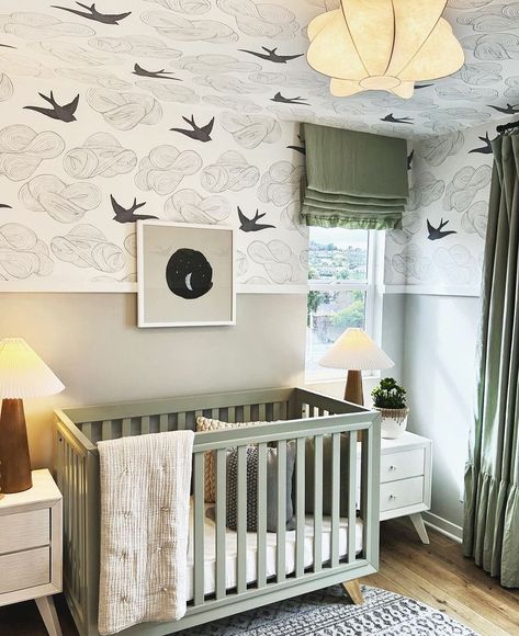 What a sweet nursery designed by @jltm.designs 🐦☁️ :) We love how they wallpapered both the half wall and ceiling for a very cozy feel!… | Instagram Nursery Room Layout, Modern Rustic Nursery, Daydream Wallpaper, Hygge And West, Hygge & West, Nursery Accent Wall, Calm Color Palette, Sweet Nursery, Stylish Nursery